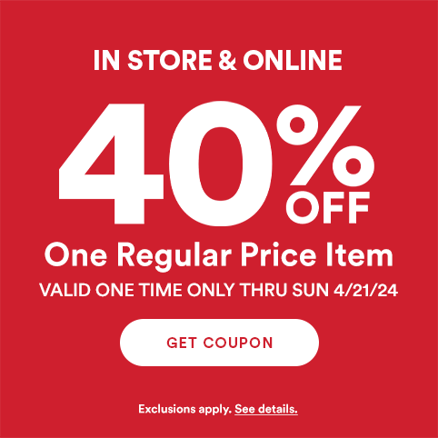 White text on red background - 40% OFF One Regular Price Item. Exclusions apply. See details.